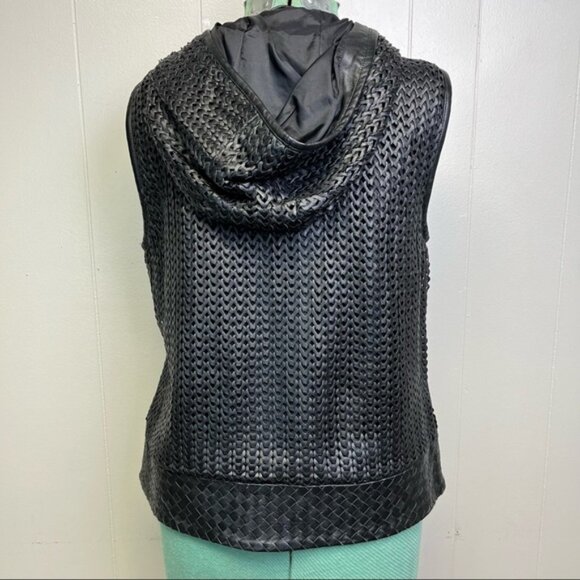 Vintage 80s Woven Braided Black Leather Jacket Sleeveless Hooded Vest Size Large - Picture 6 of 14